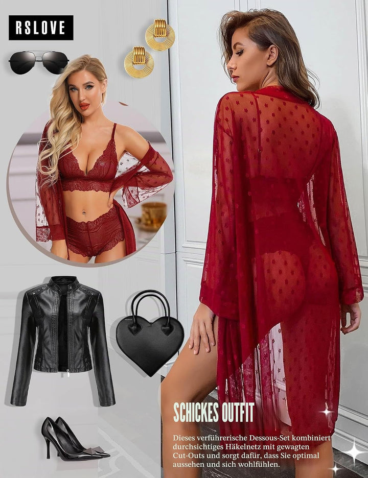 RSLOVE Sexy Dessous Set für Damen 3 teilig Spitzen Kimono mit BH und Höschen XXL Wein Rot, XXL Wein
