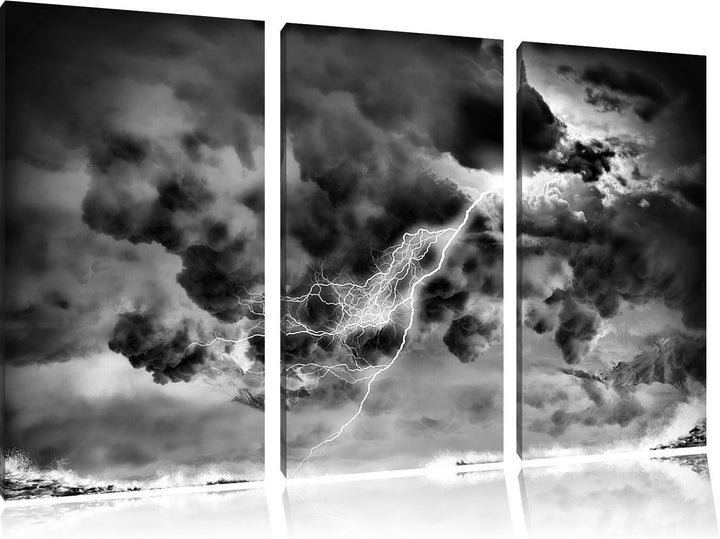 Pixxprint Monocrome, Blitz am Himmel 3-Teiler Leinwandbild 120x80 Bild auf Leinwand