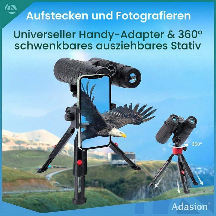 Adasion 12x42 HD Fernglas für Erwachsene mit Smartphone-Adapter und Teleskopstativ, Kompakt Fernglas