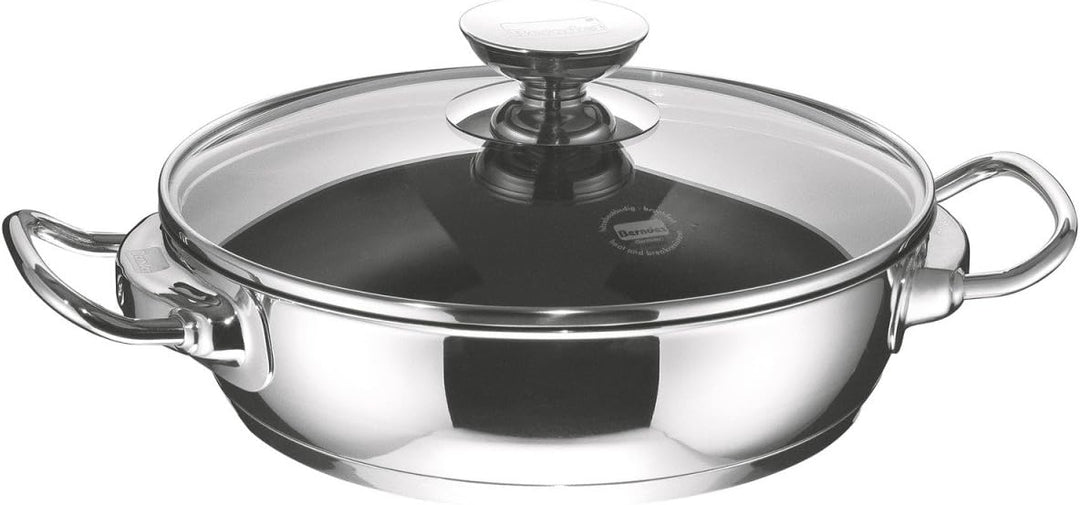 Berndes Schmorkasserolle, 28 cm, Induktion, beschichtete Servierpfanne mit Deckel, Edelstahl Pfanne