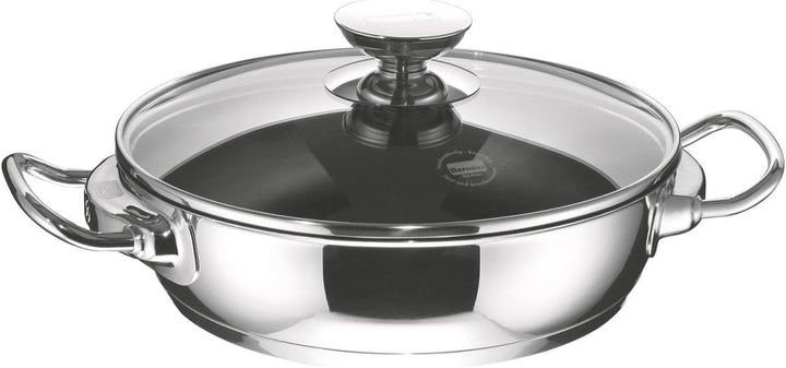 Berndes Schmorkasserolle, 28 cm, Induktion, beschichtete Servierpfanne mit Deckel, Edelstahl Pfanne
