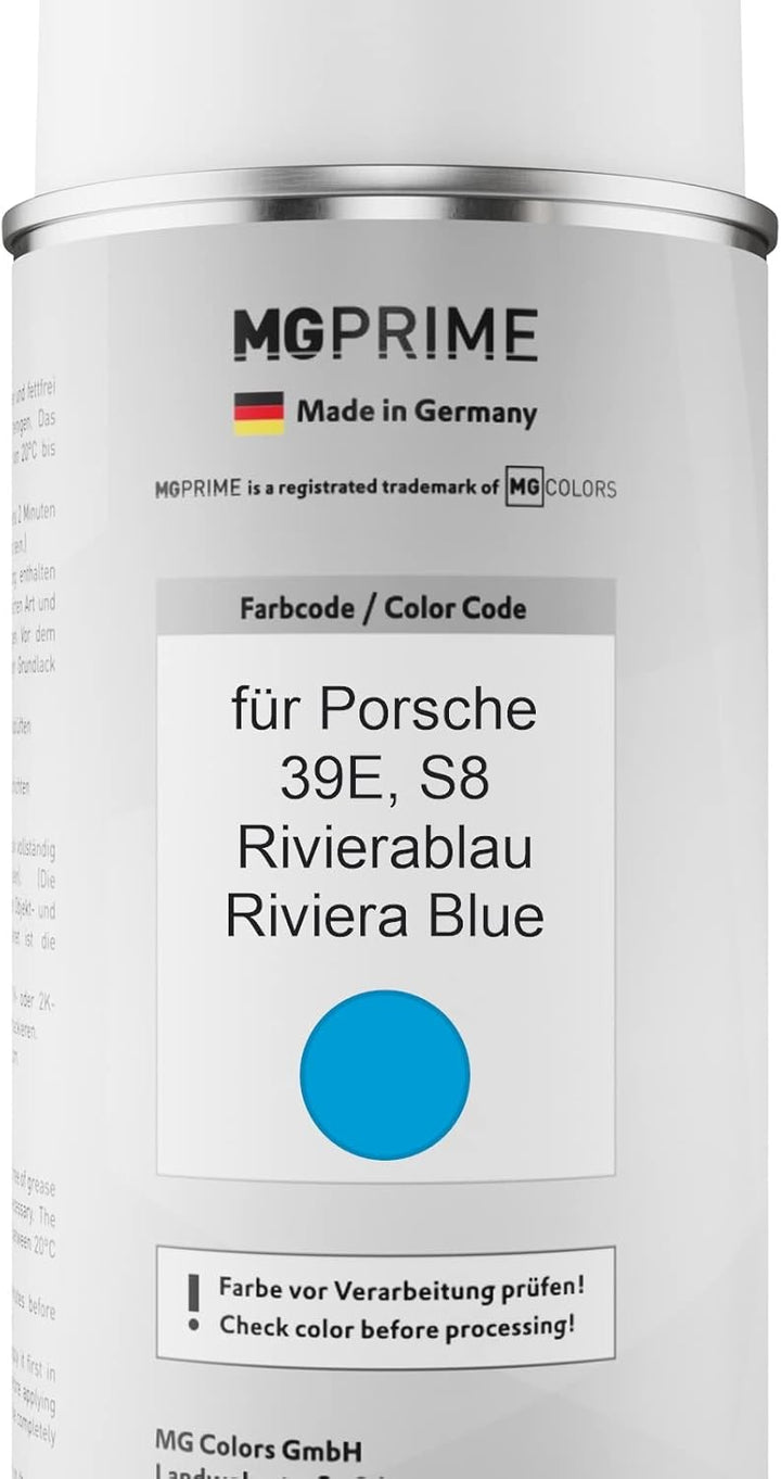 MG PRIME Autolack 2K Spraydosen Set für Porsche 39E / S8 Rivierablau/Riviera Blue Basislack 2 Kompon