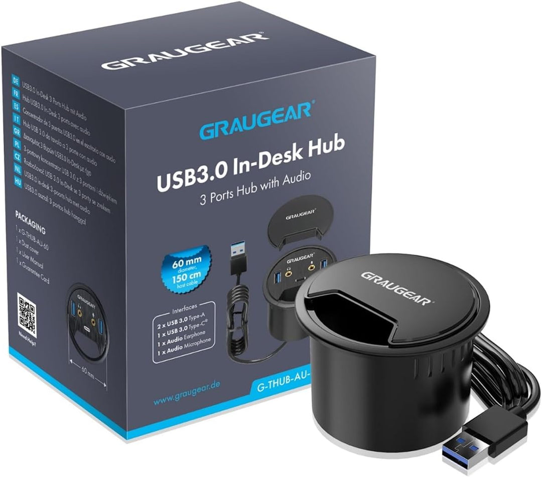 GRAUGEAR Tisch USB HUB mit 1x USB-C und 2X USB-A Anschlüssen, Tisch HUB mit 60mm Durchmesser, USB 3.