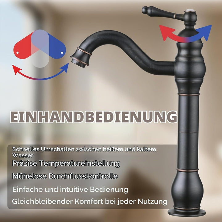 Badezimmer Waschbecken Mischer Hahn, reiner Kupfer Griff Einzel Loch Retro Badezimmer Hahn (Schwarz)