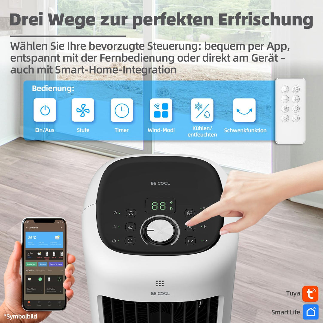 BE COOL Premium Turmluftkühler mit 10L Wassertank & WLAN – 38W, 24 Geschwindigkeiten, 3 Windmodi, 12