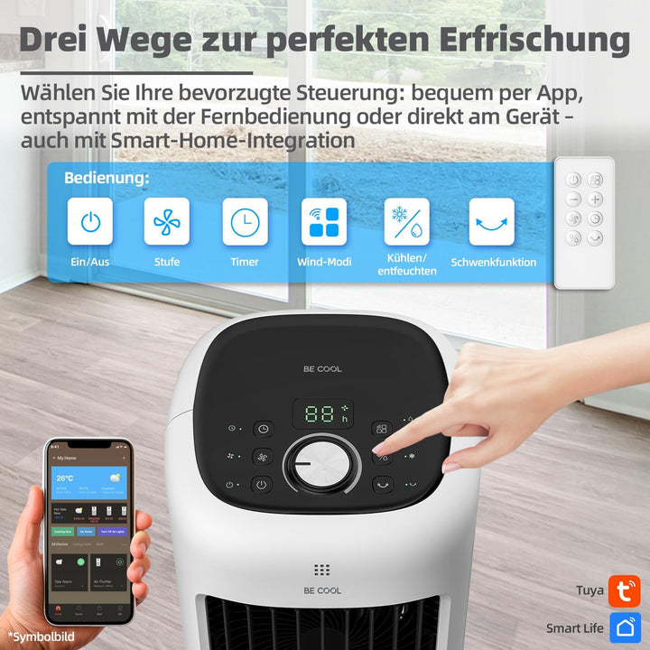 BE COOL Premium Turmluftkühler mit 10L Wassertank & WLAN – 38W, 24 Geschwindigkeiten, 3 Windmodi, 12