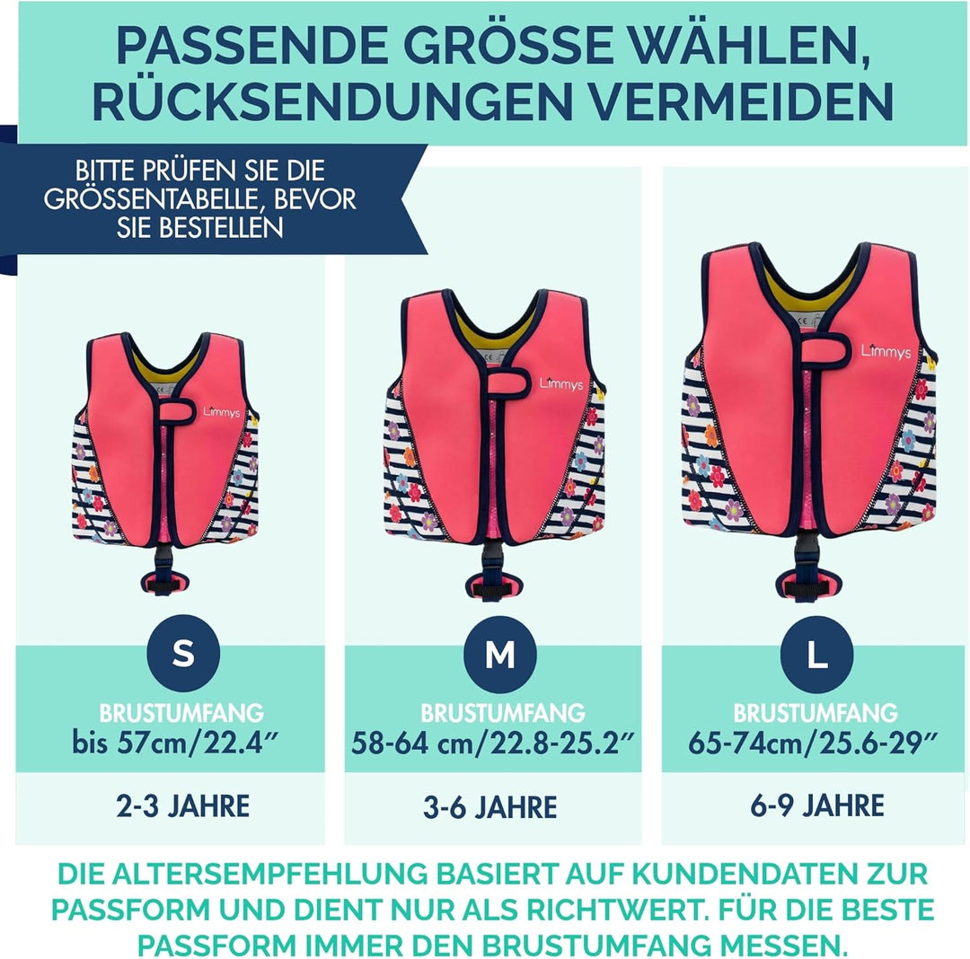 Limmys Premium Neopren Schwimmweste - Ideale Schwimmhilfe für Jungen und Mädchen - Extra Kordelzugta