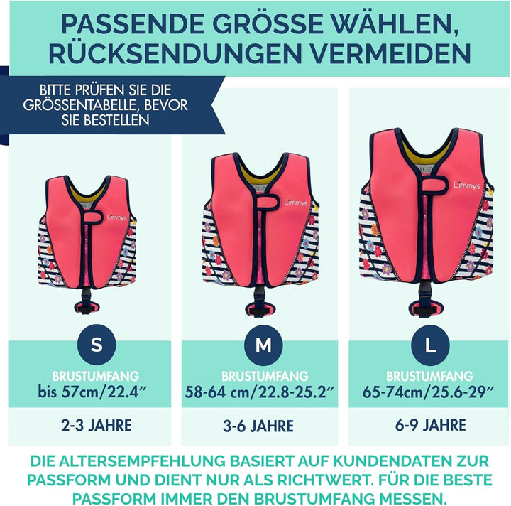 Limmys Premium Neopren Schwimmweste - Ideale Schwimmhilfe für Jungen und Mädchen - Extra Kordelzugta