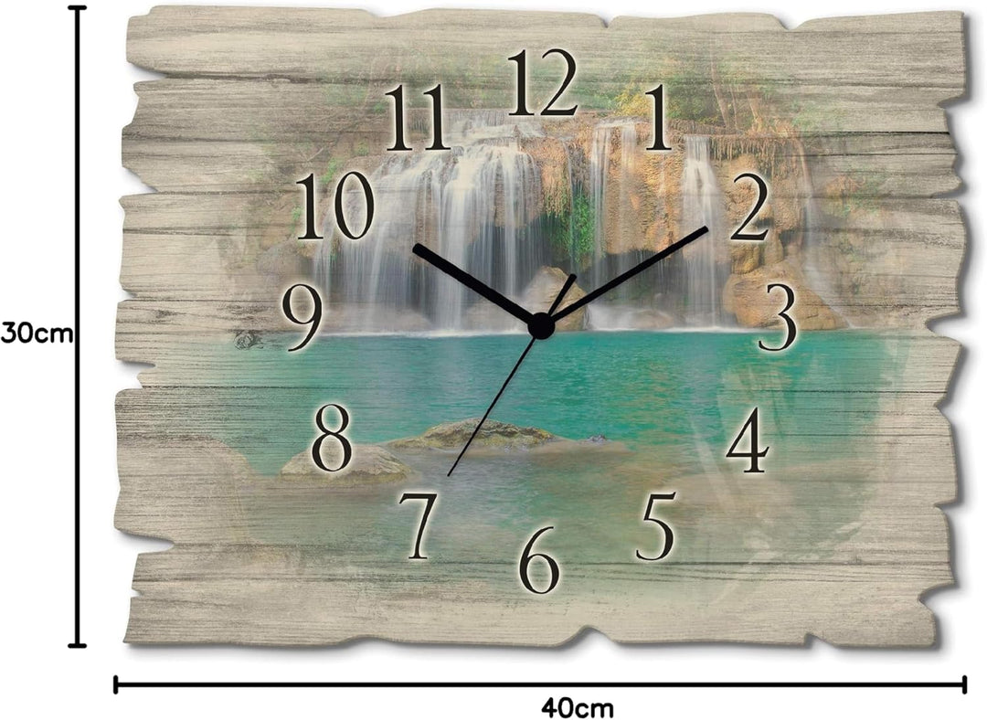 ARTLAND Wanduhr ohne Tickgeräusche aus Holz Quarzuhr 40x30 cm Rechteckig Lautlos Wasserfall Landscha