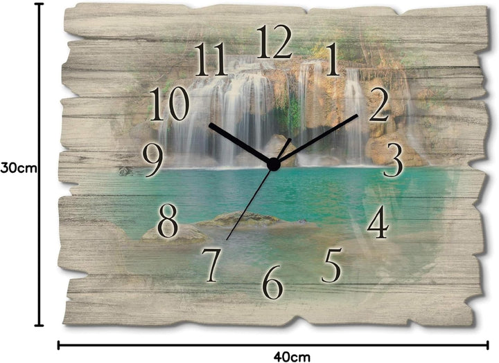 ARTLAND Wanduhr ohne Tickgeräusche aus Holz Quarzuhr 40x30 cm Rechteckig Lautlos Wasserfall Landscha