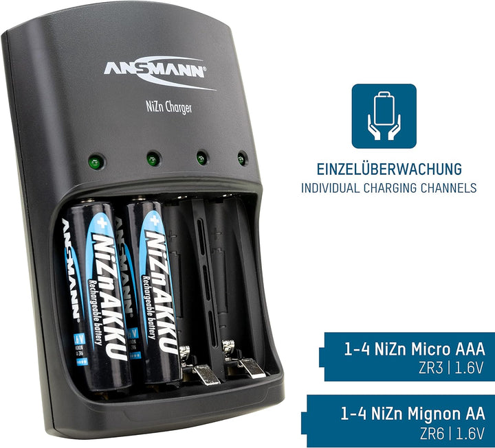 ANSMANN Nickel-Zink Ladegerät Akku / Leistungsstarkes 4-fach Ladegerät für 1,6V NiZn AA oder AAA Akk