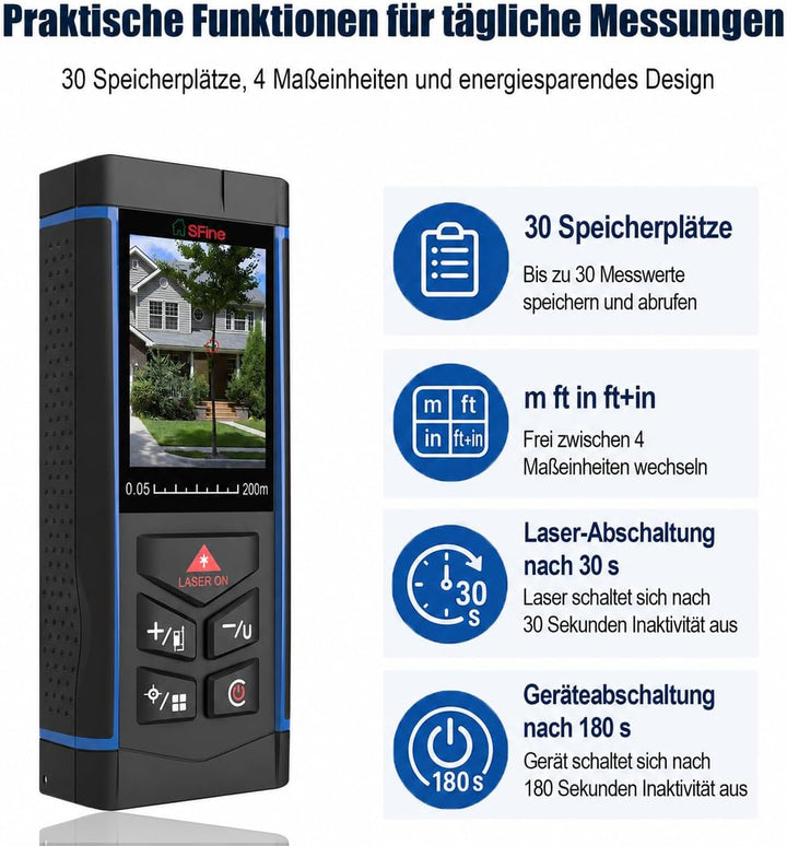 Laser-Entfernungsmesser 200 m (650 ft) mit Kamera, Digitaler Distanzmesser mit Stativ, ±2 mm Genauig
