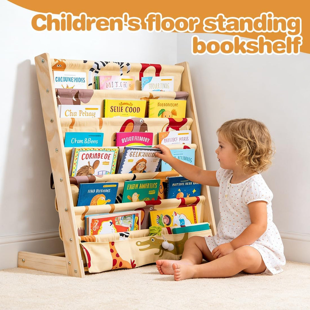 Kinder Bücherregal, 75x 30 x 79 cm Montessori Bücherregal mit 6 Ebenen und Stofffächern, Offenes Kin