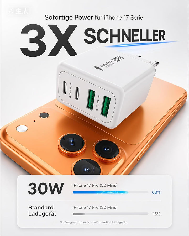 USB C Ladegerät 4-Port Schnellladegerät, 60W Mehrfach USBC Stecker Fast Charger Adapter USB C Netzte