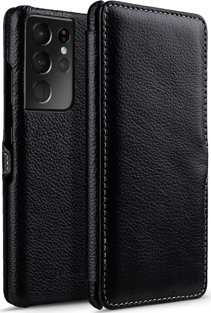 STILGUT Book Case kompatibel mit Samsung Galaxy S21 Ultra 5G Hülle aus Leder mit Clip-Verschluss, Le