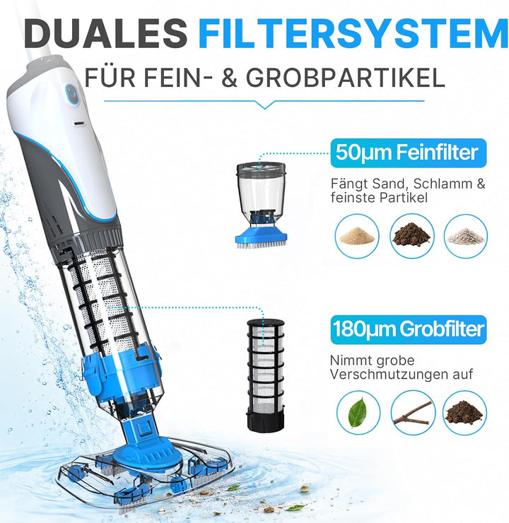 Neuheit 2026 Poolsauger Akku, Pool Staubsauger Handsauger Kabellos, Doppelte Filtration Pool Bodens