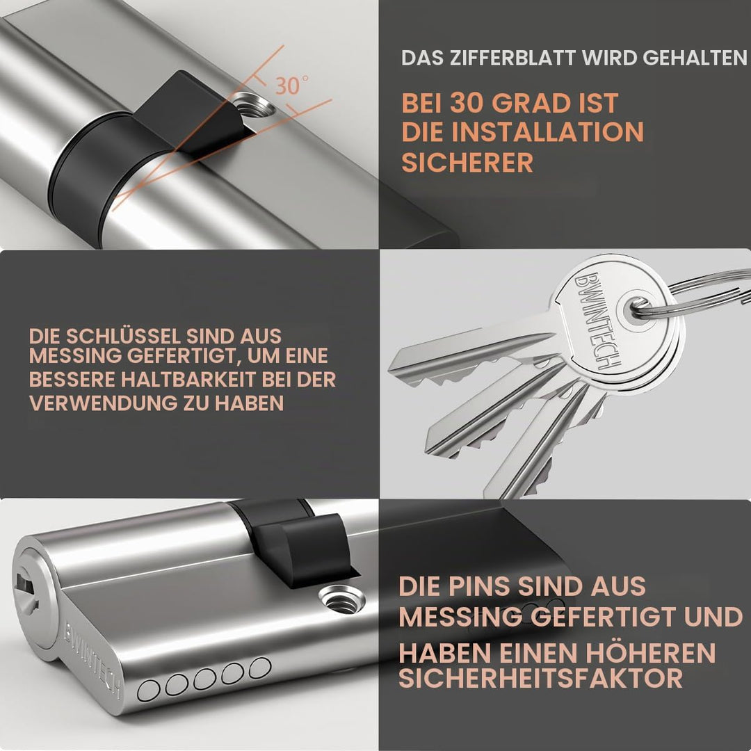 85 mm (40/45) Zylinderschloss aus satiniertem Nickel mit 3 Standardschlüsseln Anti-Knack Anti-Druck