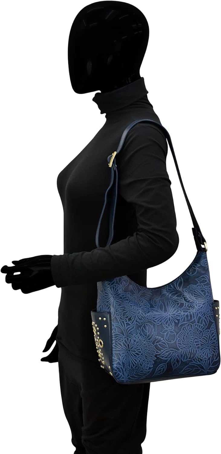 Anuschka Klassische Handbemalte Hobo Tasche aus echtem Leder mit beschlagenen Seitenfächern Tooled B