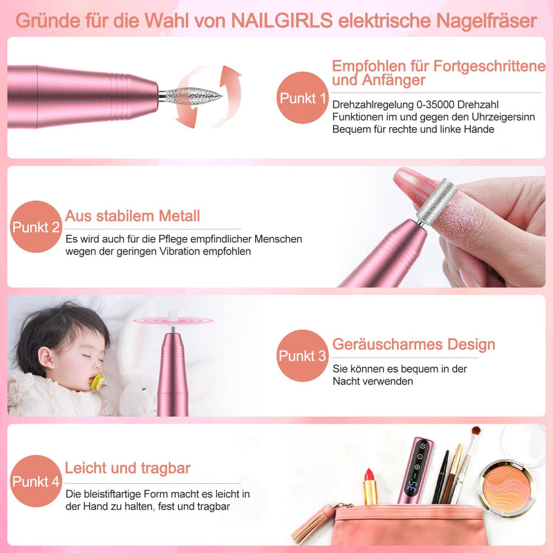 Nagelfräser Set Elektrisch,NAILGIRLS 11 in 1 Aufladbare Professional Electric Nail Drill Machine,Pro