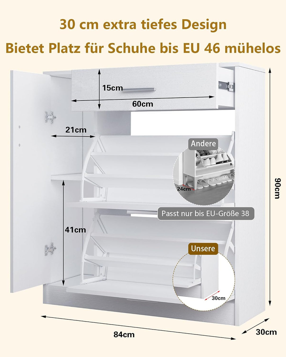 Schuhschrank in Weiss Holz - Flur Schrank Kommode Anrichte Schuhregal Schuhkipper mit 2 Klappen 1 Tü