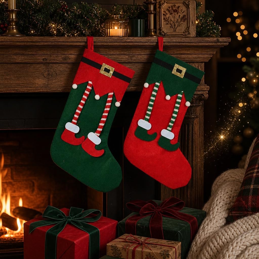 MIJOMA Weihnachtsstrümpfe 2er Set – dekorative Filz-Socken mit Elfen-Design zum Befüllen &amp; Aufhängen