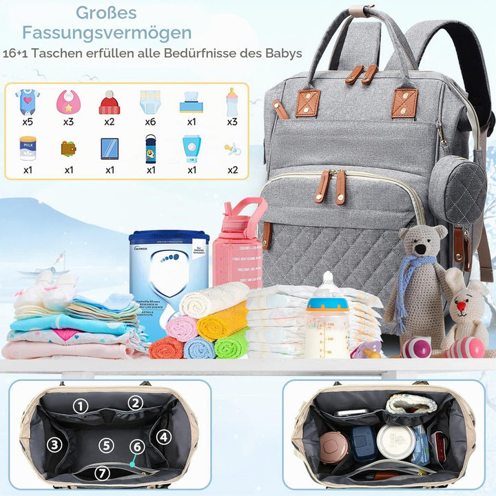 Diaper Bag Backpack Baby Bag, Baby Girl Boy Diaper Bag for Dad Mom with Pad, 16 Pockets Grau, Grau