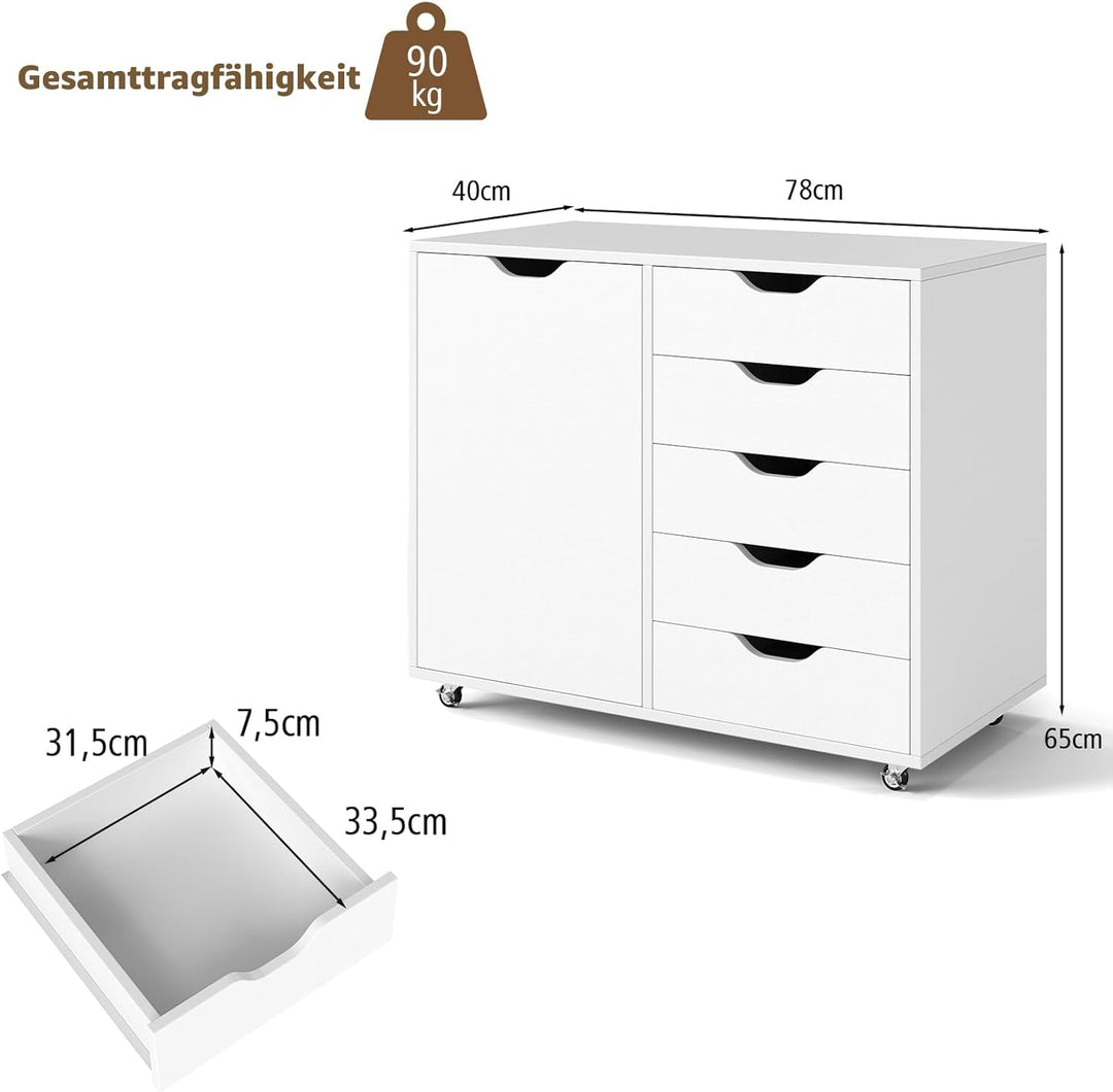 KOMFOTTEU Aktenschrank mit Rollen, Rollcontainer mit 5 Schubladen, Schubladenschrank Bürocontainer D