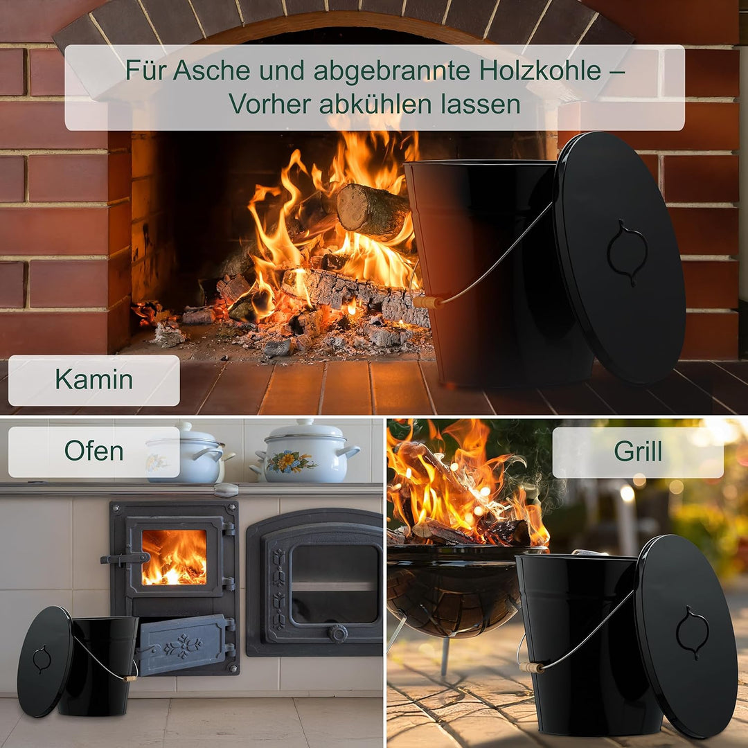 Relaxdays Ascheeimer mit Deckel, 18,5 Liter, Henkel mit Holzgriff, für Kohle & Asche, Kamin, Stahl A