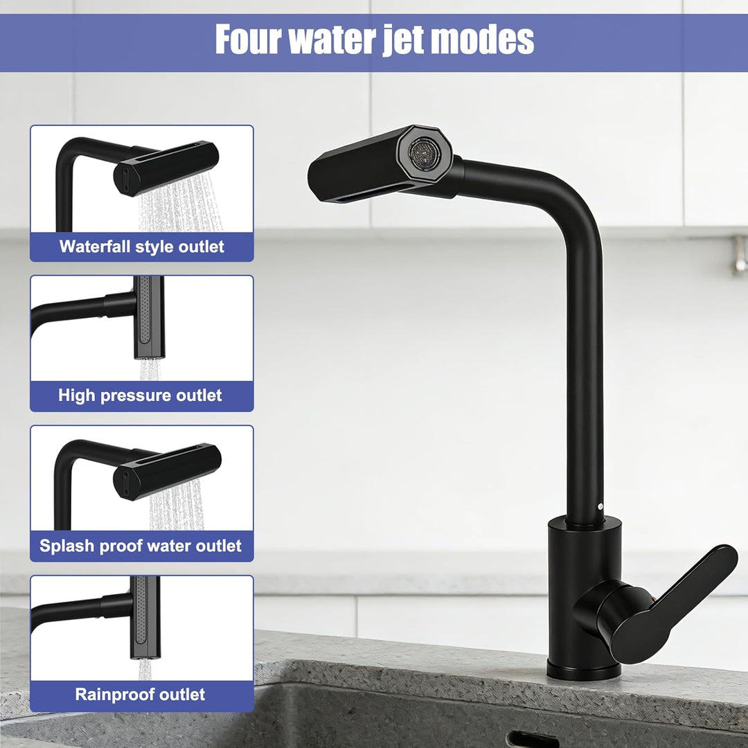 Waterfall Wasserhahn Küche mit 4 Strahlarten, 360° Drehbar Mischbatterie Spültischarmatur Einhebelmi