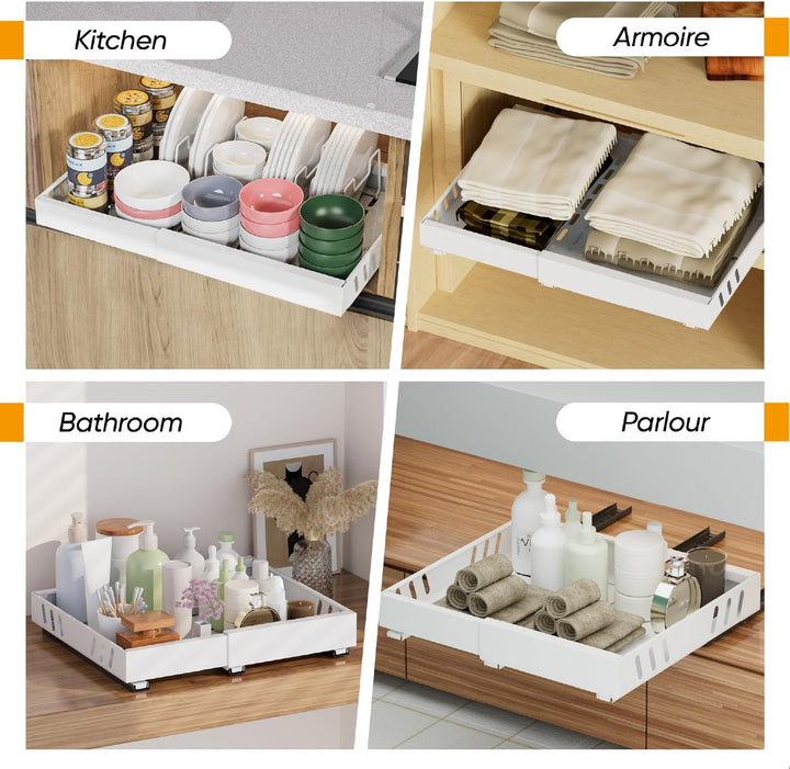 2 Pack erweiterbar Pull Out Cabinet Organizer Adhesive mit 8 Geschirrhalter, Pull Out Regale für Küc