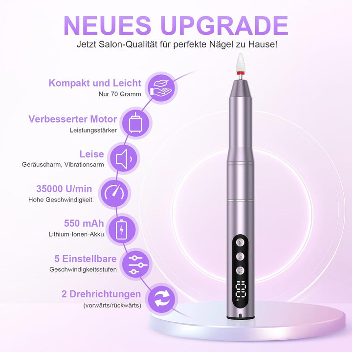 Nagelfräser Kabellose Elektrische Nagelfeile - 35000 U/Min Nagelfräser für Gelnägel, 12 IN 1 Profess