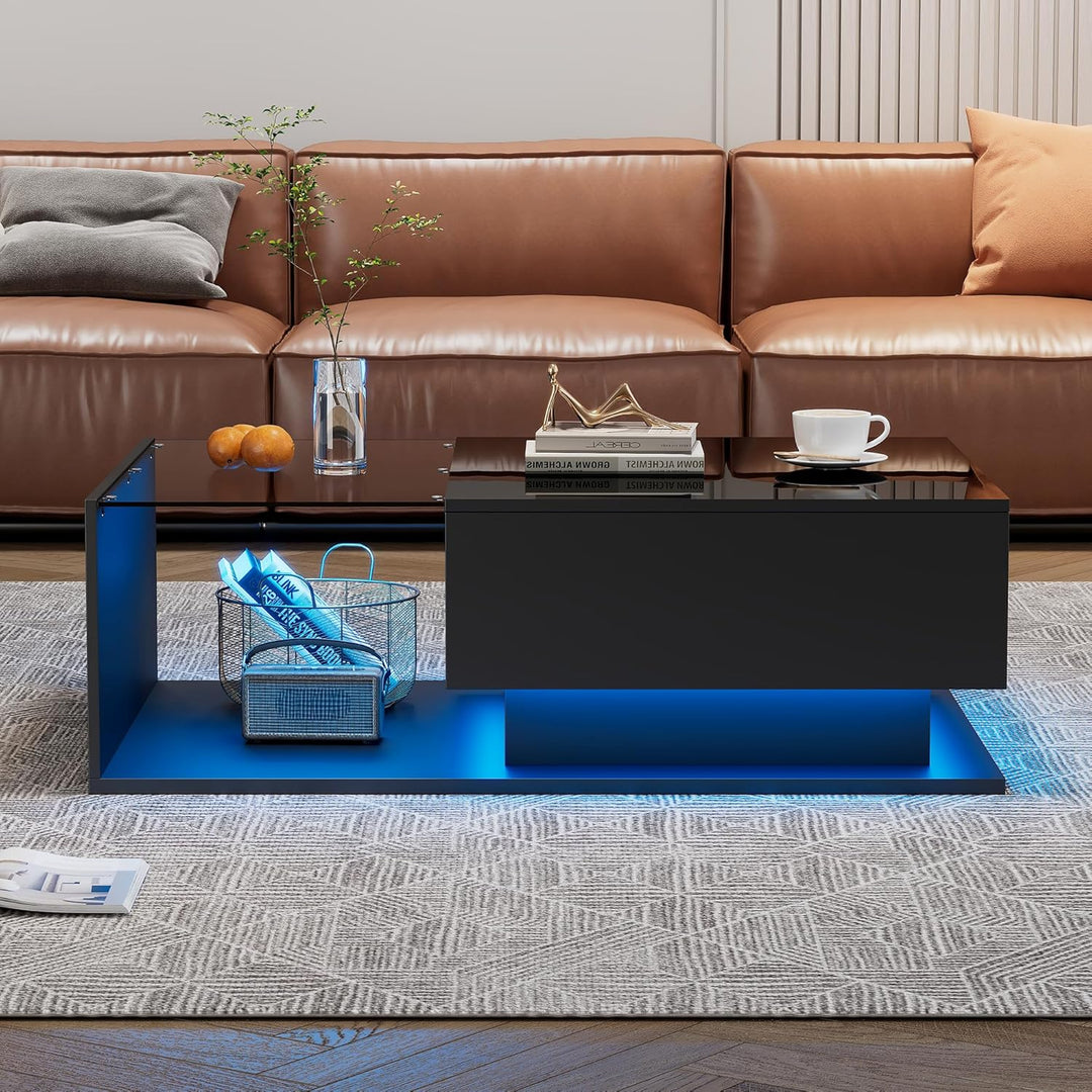 Merax Couchtisch Schwarz Hochglanz mit LED, Moderner Wohnzimmertisch mit Stauraum Schubladen, Glaspl