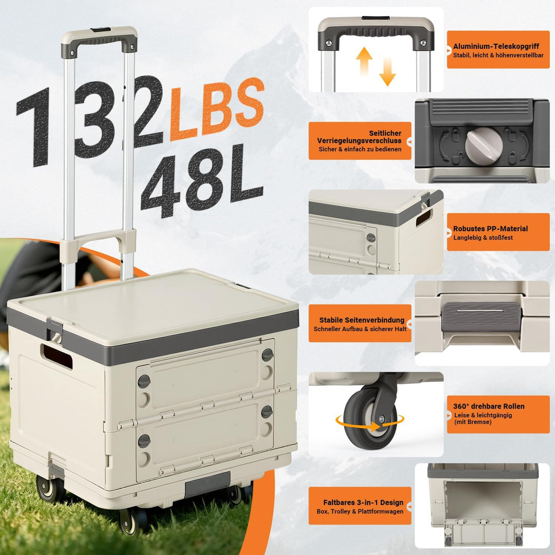 48L Einkaufstrolley klappbar 3-in-1 Boxwagen Beige | Alu+PP, 48L Boxvolumen, 3-in-1 als Plattformwag