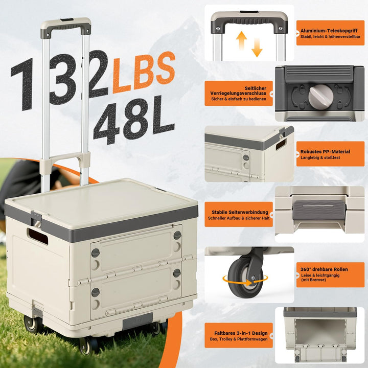 48L Einkaufstrolley klappbar 3-in-1 Boxwagen Beige | Alu+PP, 48L Boxvolumen, 3-in-1 als Plattformwag