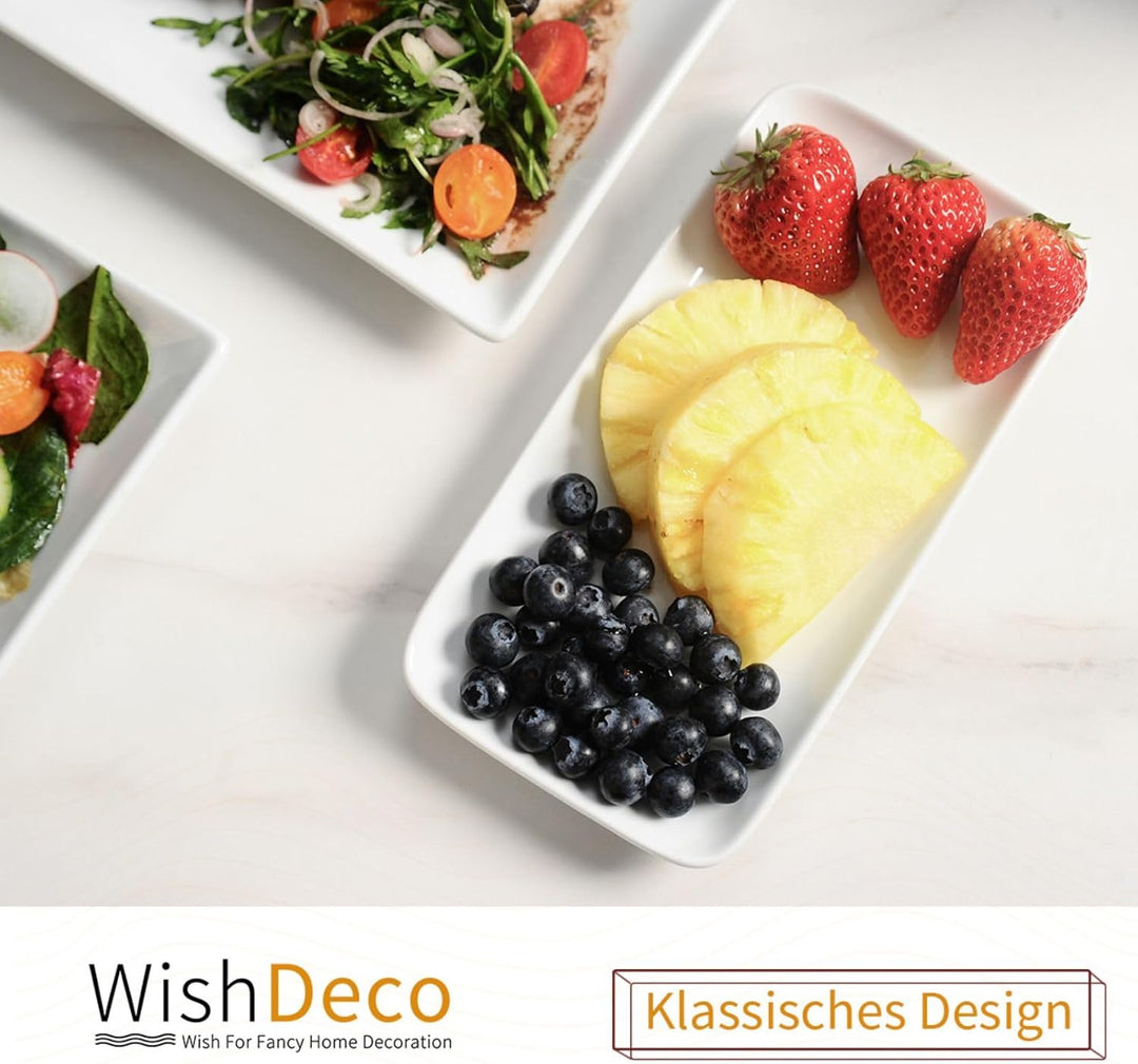 WishDeco Teller Rechteckig 6er Set, Servierplatten Porzellan Weiss 23x12 cm, Servierteller Länglich,