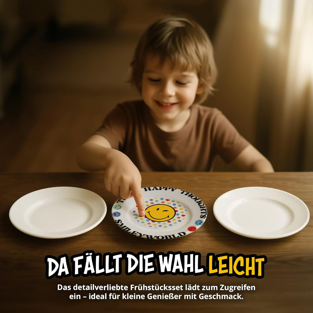 United Labels Smileyworld Frühstücksset Kinder, mit Smiley, Geschirr Set Porzellan, 3-teilig mit Tel