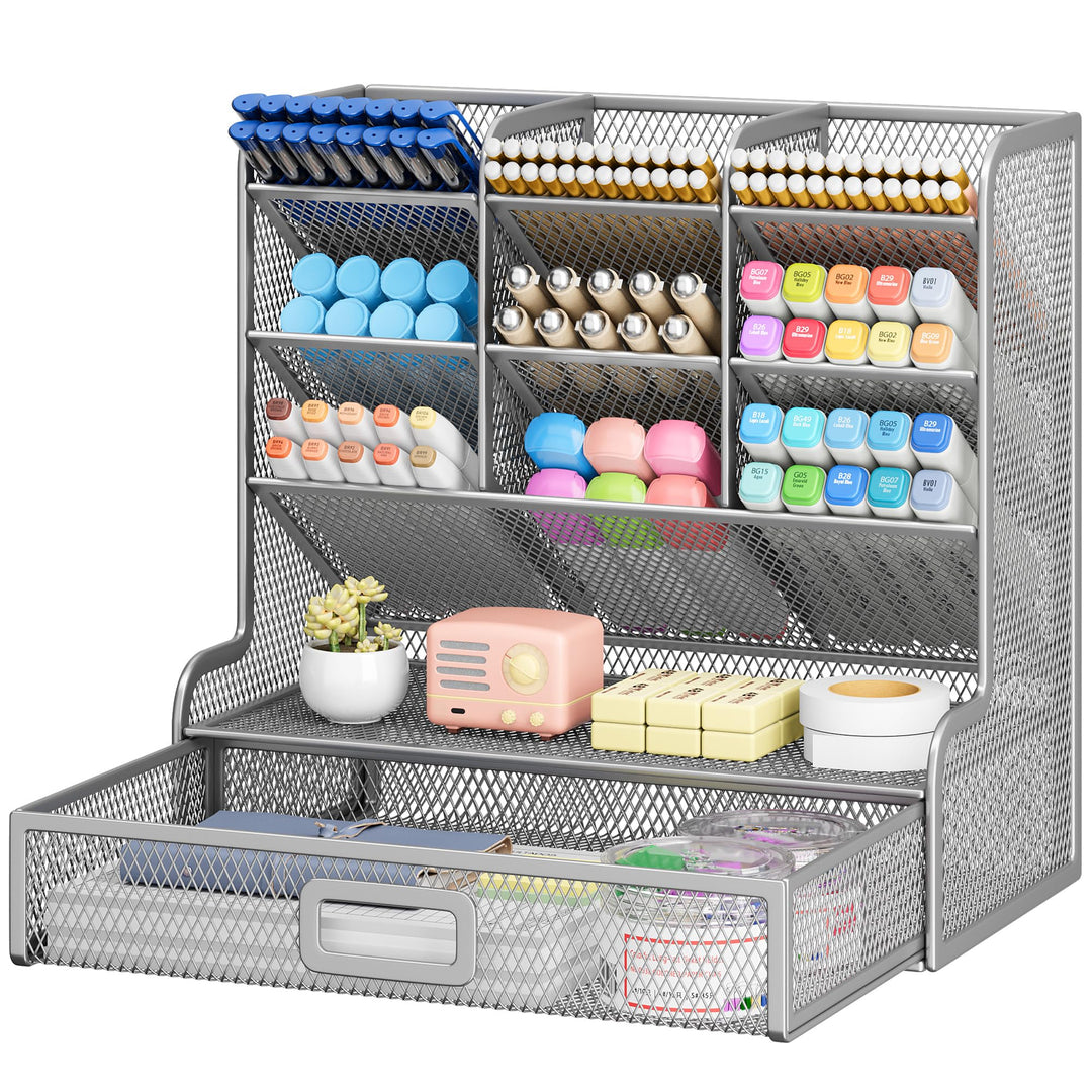 VITVITI Schreibtisch Organizer, 9 Fächer Stiftehalter mit Schublade, Netz Stifte Regal aus Metall, S