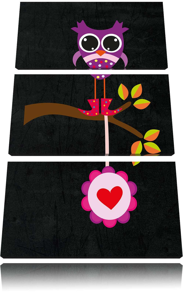 Pixxprint Süsse Eule auf AST mit Anhänger als Leinwandbild/Grösse: 3 Teilig (120x80) cm/Wandbild/Kun