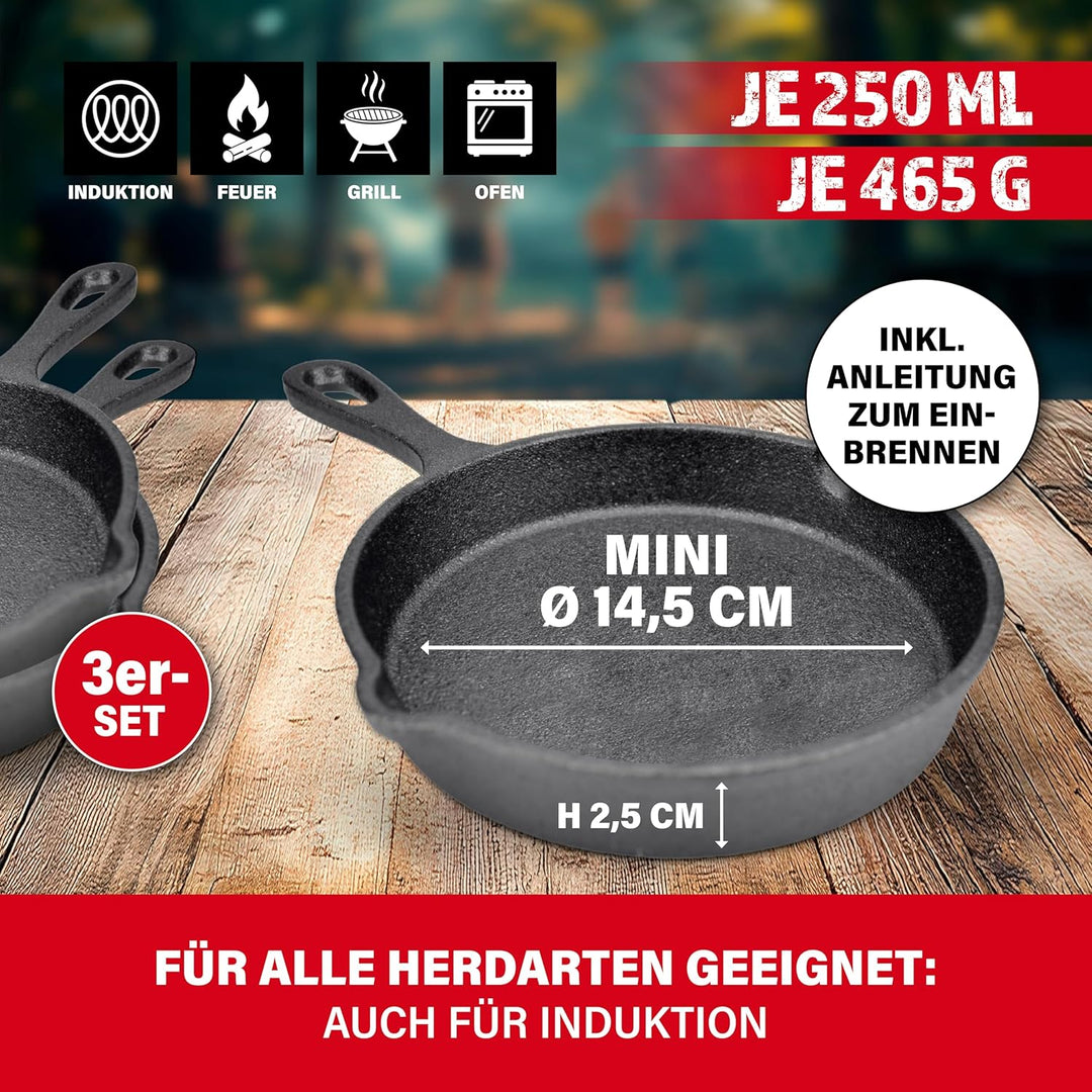 BBQBOSS Gusseisen Pfännchen [3er Set] Gusseisenpfanne – Grill Pfanne – Grillpfännchen – Ø14,5cm – je