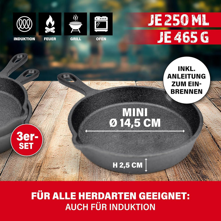 BBQBOSS Gusseisen Pfännchen [3er Set] Gusseisenpfanne – Grill Pfanne – Grillpfännchen – Ø14,5cm – je