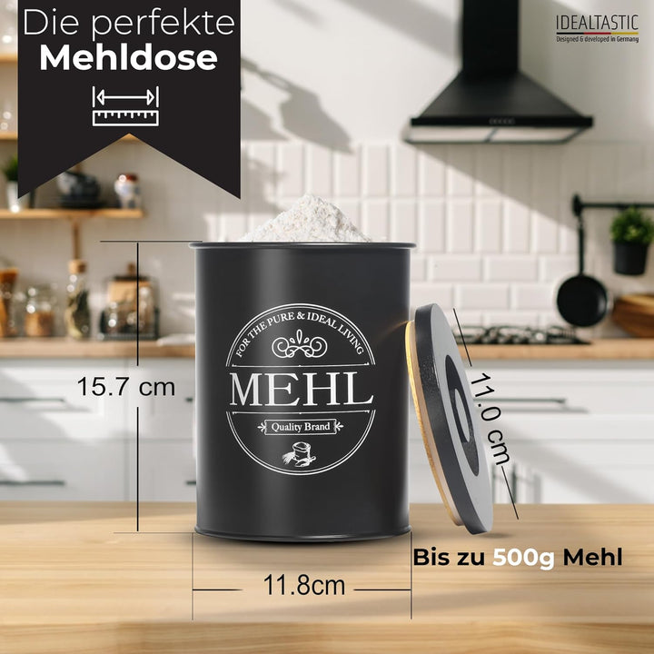 IDEALTASTIC® Premium Mehl Aufbewahrung schwarz, Luftdichte Mehldose 500g für die Küche I Robuster Me