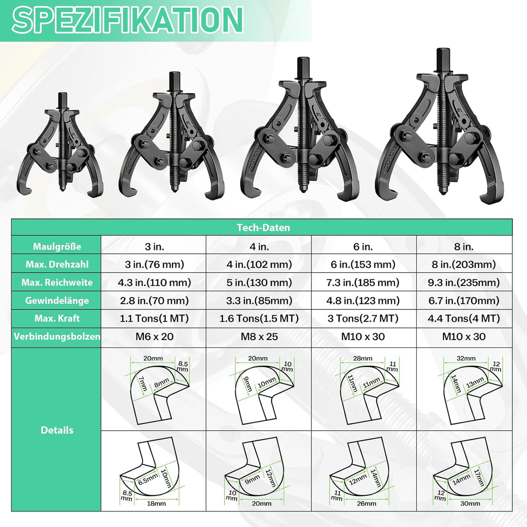 4X Lagerabzieher mit 3 arming [75+100+150+200mm / 3"+4"+6"+8''] Zwei/Drei Lager Abzieher Klauenabzie