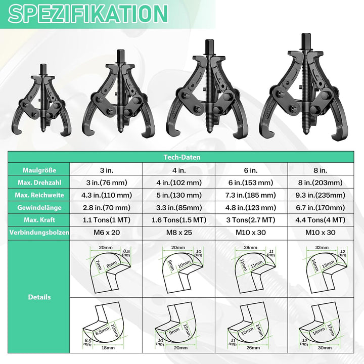 4X Lagerabzieher mit 3 arming [75+100+150+200mm / 3"+4"+6"+8''] Zwei/Drei Lager Abzieher Klauenabzie