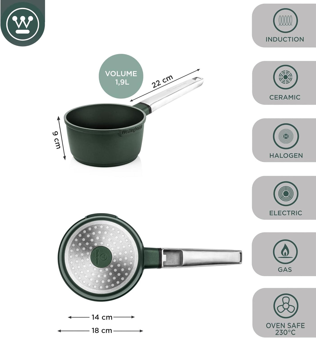 Westinghouse PERFORMANCE SERIES Stielkasserolle - 18cm Milchtopf Induktion - Kochtopf Klein für alle