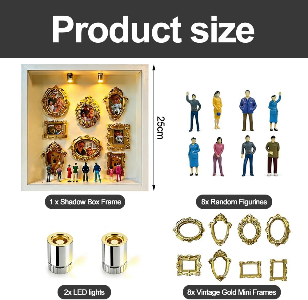 DIY Mini Museum Silhouette Box, Foto Erinnerungsanzeige Set mit 8 Mini Bilderrahmen Gold & 8 Zufälli