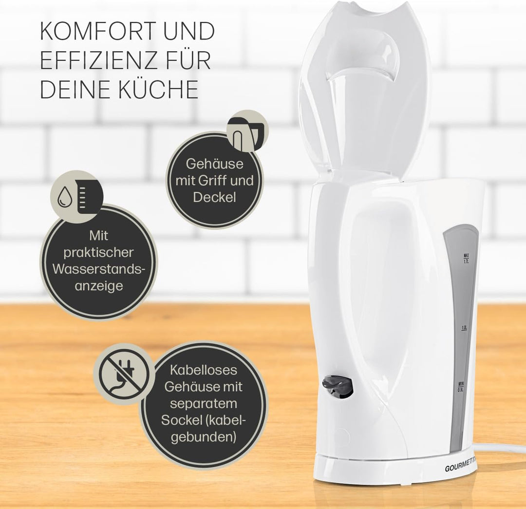 GOURMETmaxx Wasserkocher 1,7 l | Schlichtes Design, kabellose Flexibilität & automatische Abschaltun