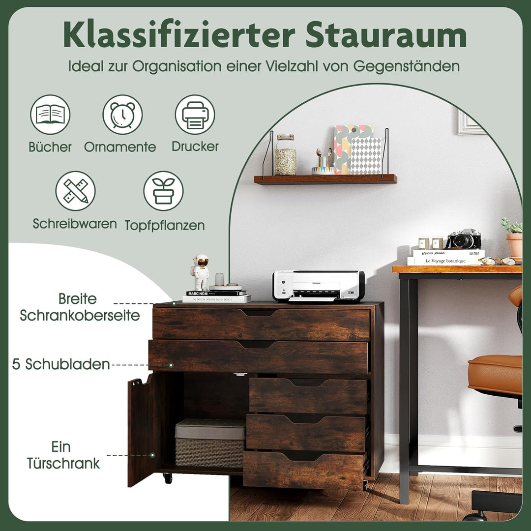 COSTWAY Rollcontainer mit 5 Schubladen & Schrank, mobiler Aktenschrank mit Rollen, Schubladenschrank
