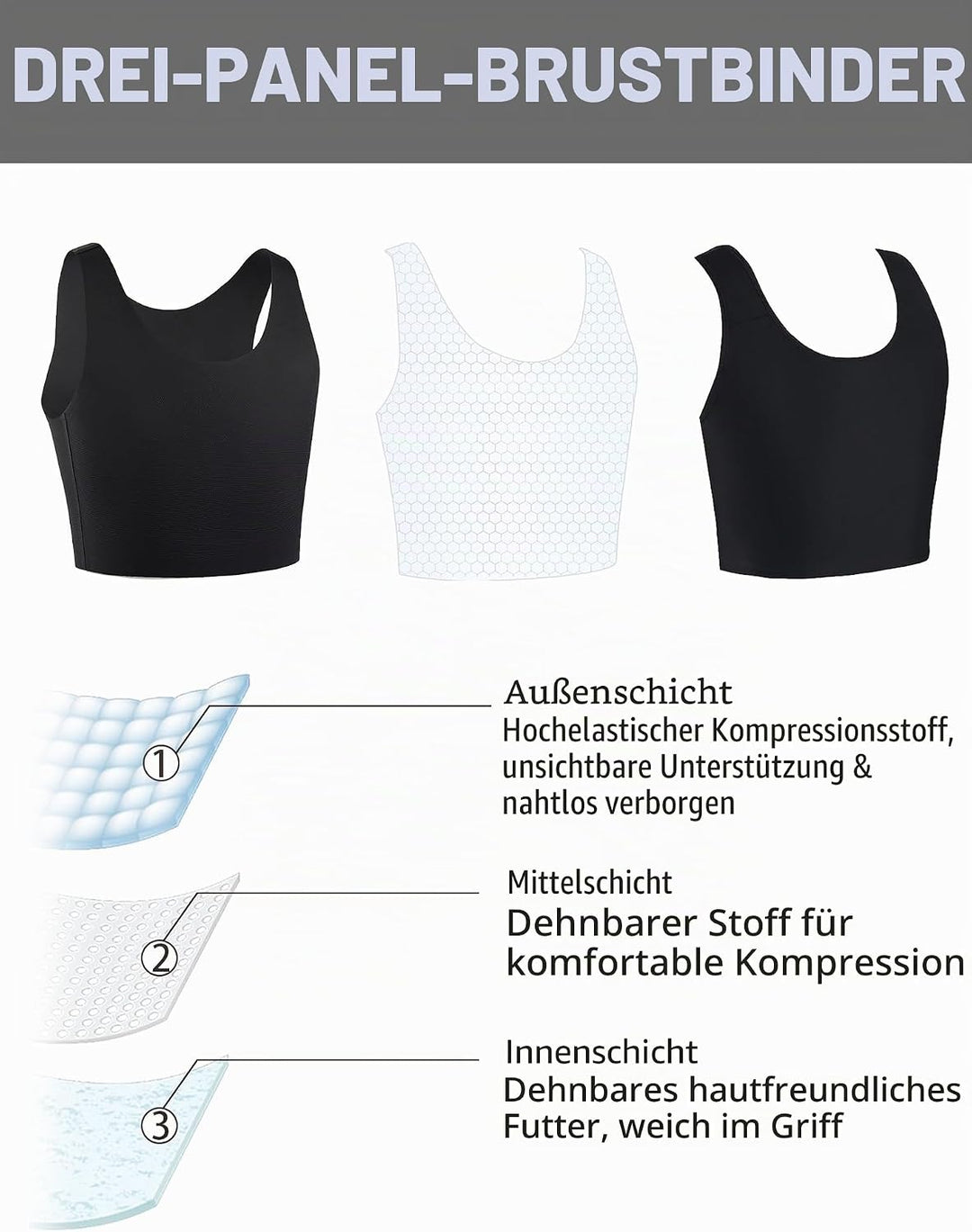XUJI Brust Binder Trans FTM Atmungsaktive Kompression Nahtlos Top für Transgender M Schwarz, M Schwa