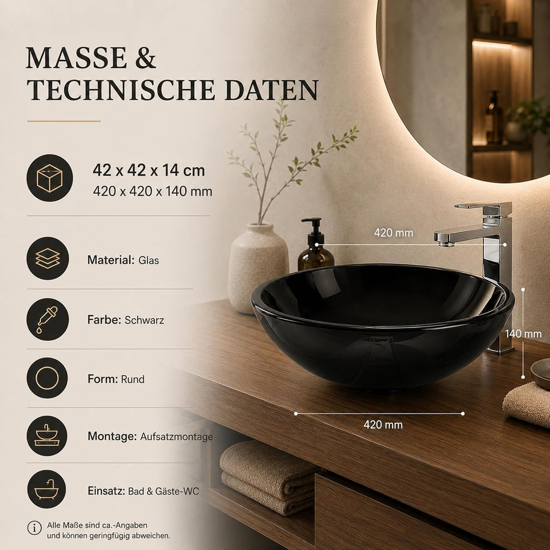 Art-of-Baan Premium Waschbecken rund - edles Aufsatzwaschbecken - schwarz Glas Becken für Waschtisch