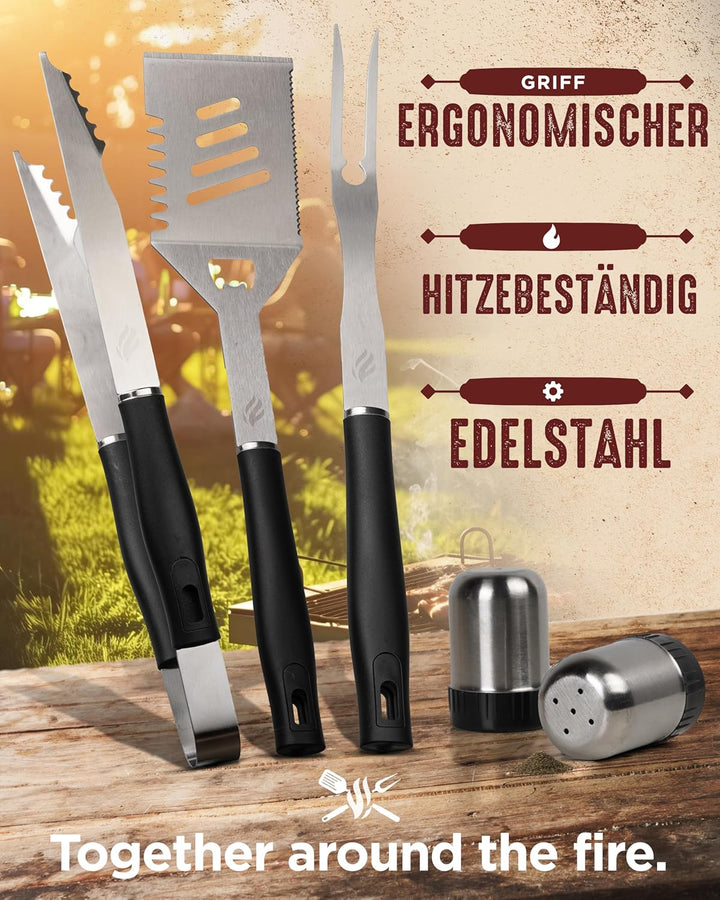 Grill Set mit Grill Zubehör aus Edelstahl, Oxford-Schürze, Hitzeschutzhandschuh und Grillmatte - Ges